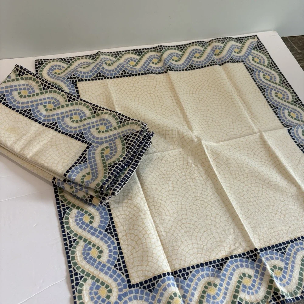 Pottery Barn Napkin Set (6) Cotton Cream Blue Green Yellow Mosaic Border 19